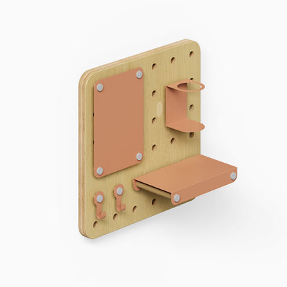 Morgan Put it There Pegboard Set with natural wood panel and rust-resistant matte metal hooks, shelf, and cup holder for versatile wall organization and display