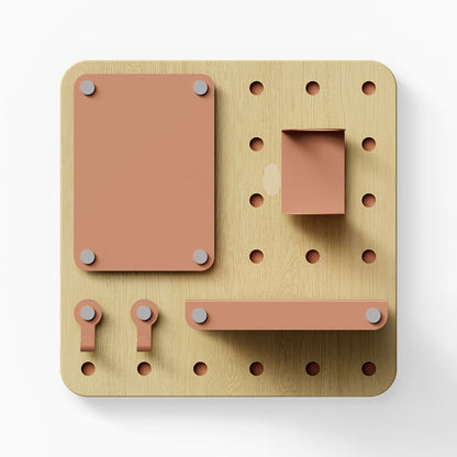 Morgan Put it There Pegboard Set with natural wood finish and terracotta-colored metal hooks, shelf, and small storage container for wall organization