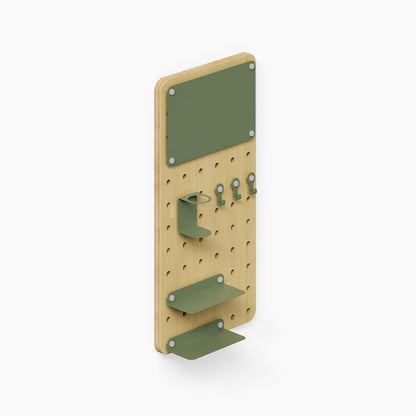 Morgan Room to Grow pegboard Set with natural wood panel and green metal hooks, shelves, and accessories for organized wall display and storage.