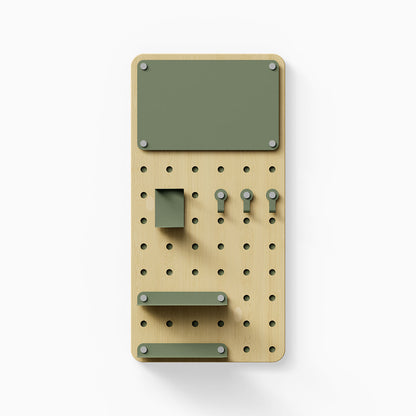 Morgan Room to Grow pegboard Set featuring a minimalist wood and steel design with hooks, shelves, and a back panel for organized wall storage and display.