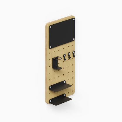 Morgan Room to Grow pegboard Set with natural wood panel and black metal hooks, shelves, and accessory holders for versatile wall organization.