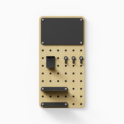 Morgan Room to Grow pegboard Set with natural wood finish and black metal hooks, shelves, and accessory tray for wall organization.