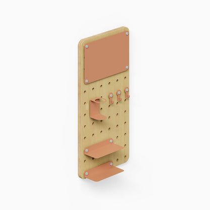 Morgan Room to Grow pegboard Set made of wood and metal in warm tones, featuring wall hooks, small shelves, and a clipboard for organizing spaces.