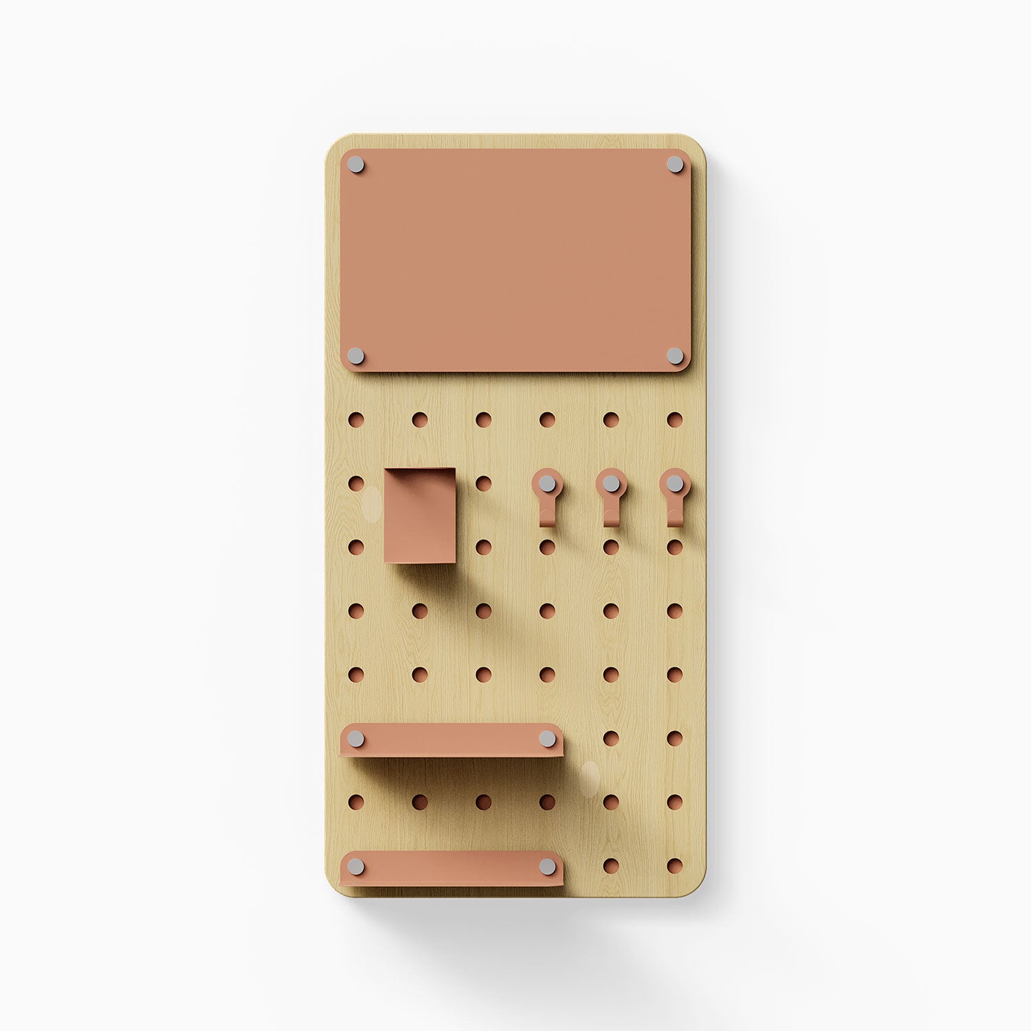Morgan Room to Grow pegboard Set featuring minimalist wood and steel design with hooks, shelves, and a small display ledge for organized wall storage.