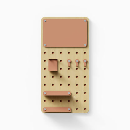Morgan Room to Grow pegboard Set featuring minimalist wood and steel design with hooks, shelves, and a small display ledge for organized wall storage.