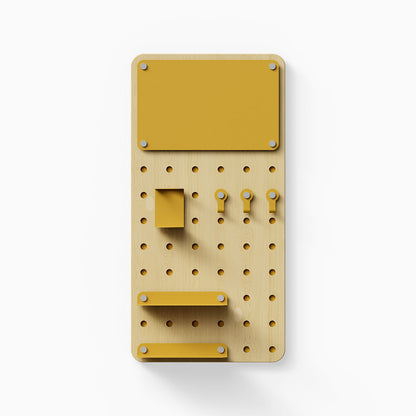Morgan Room to Grow pegboard Set with minimalist yellow and natural wood design, featuring hooks, shelves, and a display ledge for organized wall storage.