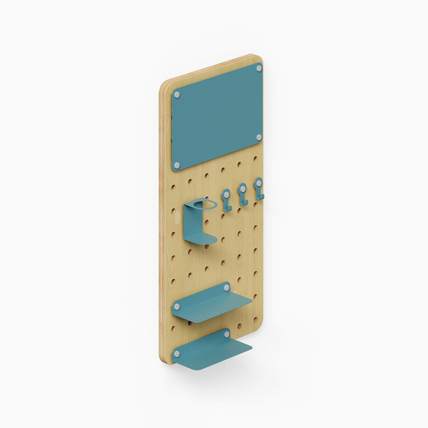 Morgan Room to Grow pegboard Set featuring minimalist wood pegboard with blue metal hooks, shelves, and accessories for versatile wall storage and organization.