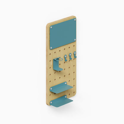 Morgan Room to Grow pegboard Set featuring minimalist wood pegboard with blue metal hooks, shelves, and accessories for versatile wall storage and organization.