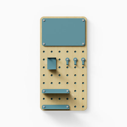 Morgan Room to Grow pegboard Set with wood and steel components including hooks, shelves, and a board for versatile wall organization and display.