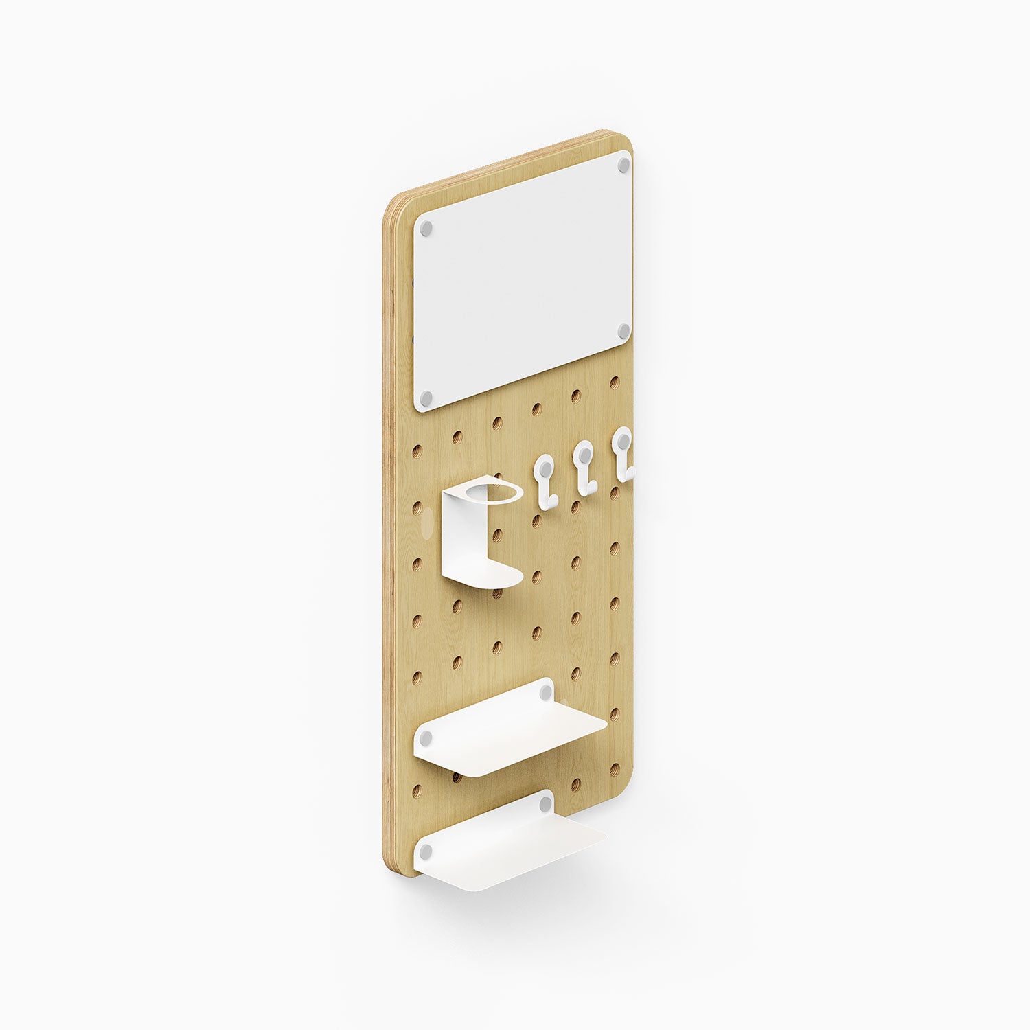 Wood and steel Morgan Room to Grow pegboard Set with white wall hooks, shelves, and accessories for organizing and displaying items efficiently