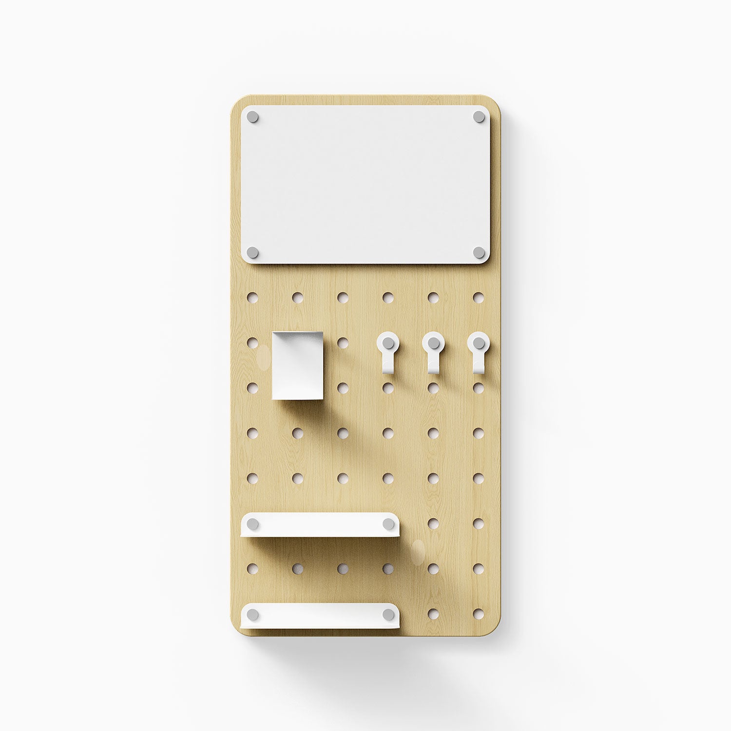Morgan Room to Grow pegboard Set in light wood with white metal hooks, shelf brackets, and a small display ledge for wall organization and decor.