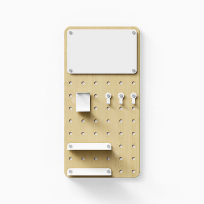Morgan Room to Grow pegboard Set in light wood with white metal hooks, shelf brackets, and a small display ledge for wall organization and decor.