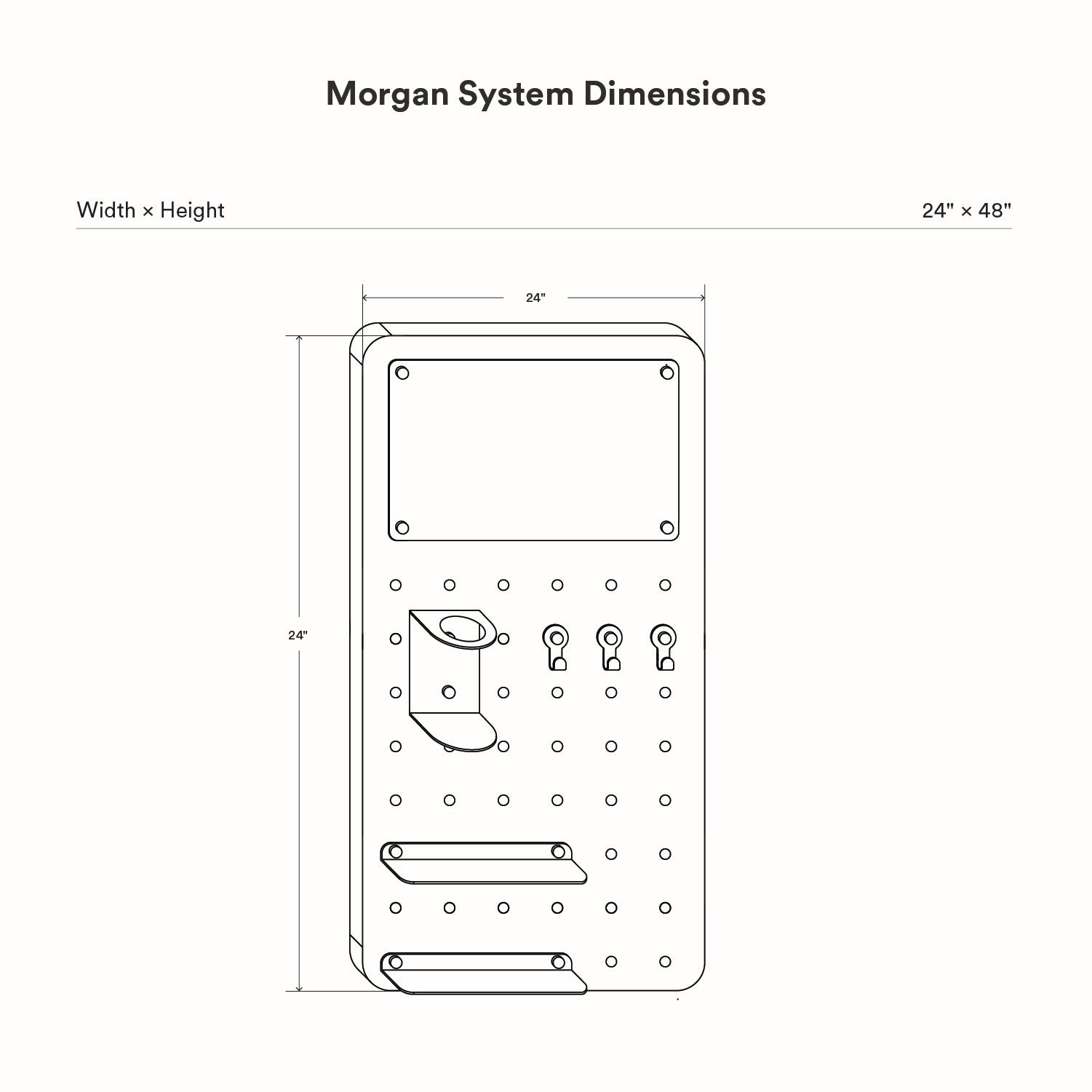 Diagram showing dimensions and layout of the Morgan Room to Grow pegboard Set with hooks and shelves for wall organization and display.