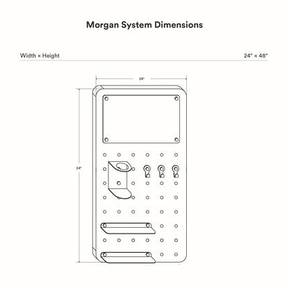Diagram showing dimensions and layout of the Morgan Room to Grow pegboard Set with hooks and shelves for wall organization and display.
