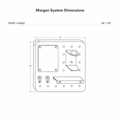 Diagram showing dimensions and layout of the Morgan Put it There Pegboard Set featuring mounted shelves, hooks, and compartments for wall organization and display.