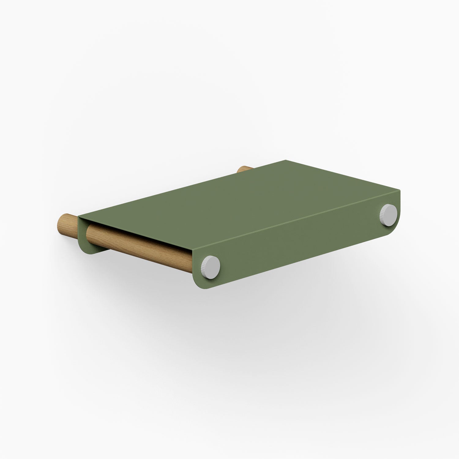 Morgan Tray Shelf in muted green with wood and metal mixed materials, designed for functional and stylish wall display and organization.