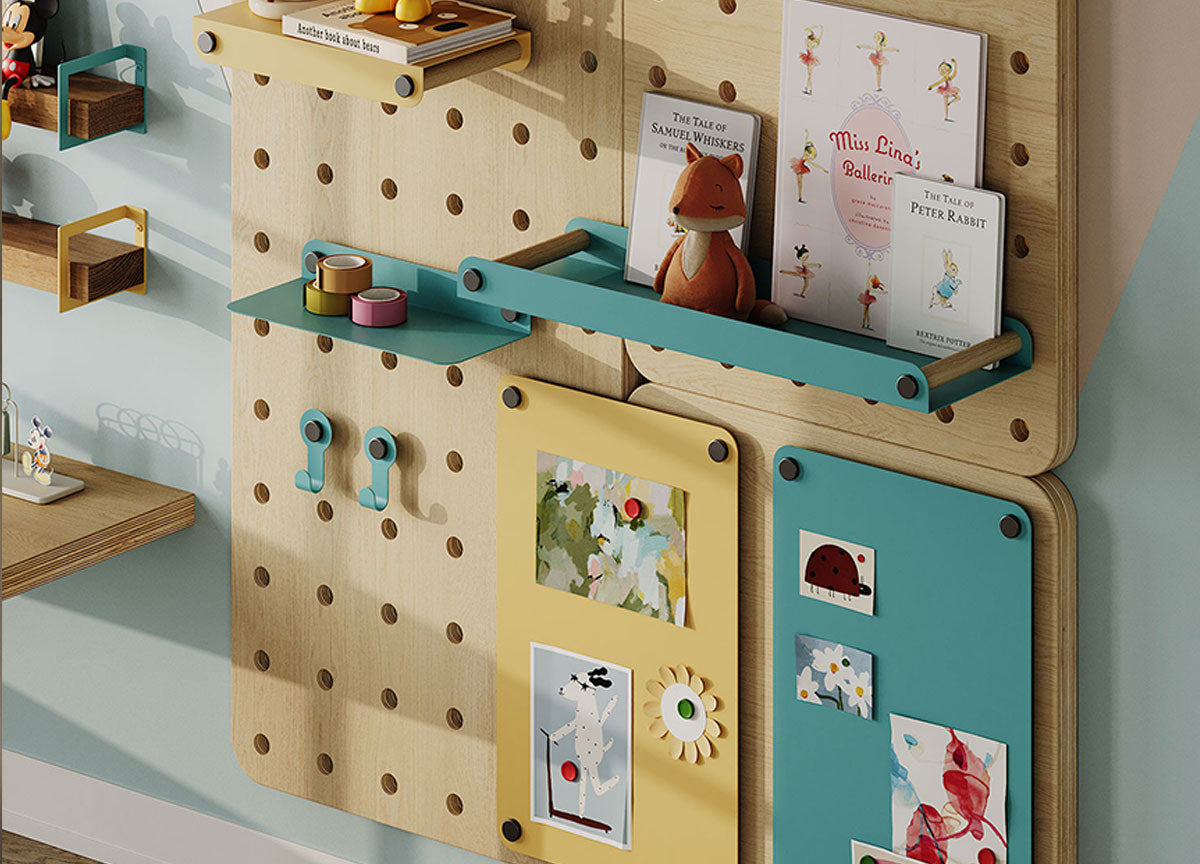 Colorful wall mounted pegboard with wood shelves books artwork storage panels and teal hooks in a creative organized space