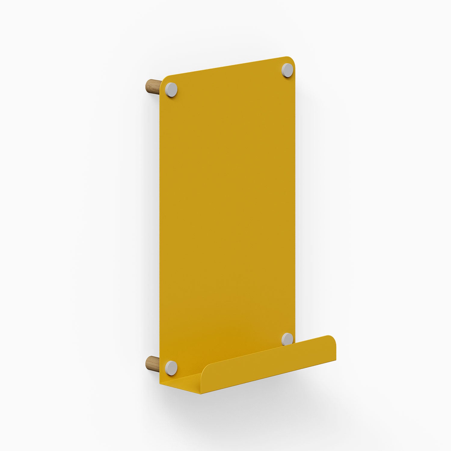 Morgan Magnet Ledge Board in honey mustard with stainless steel accents, a minimalist wall display ledge for organizing and showcasing items.