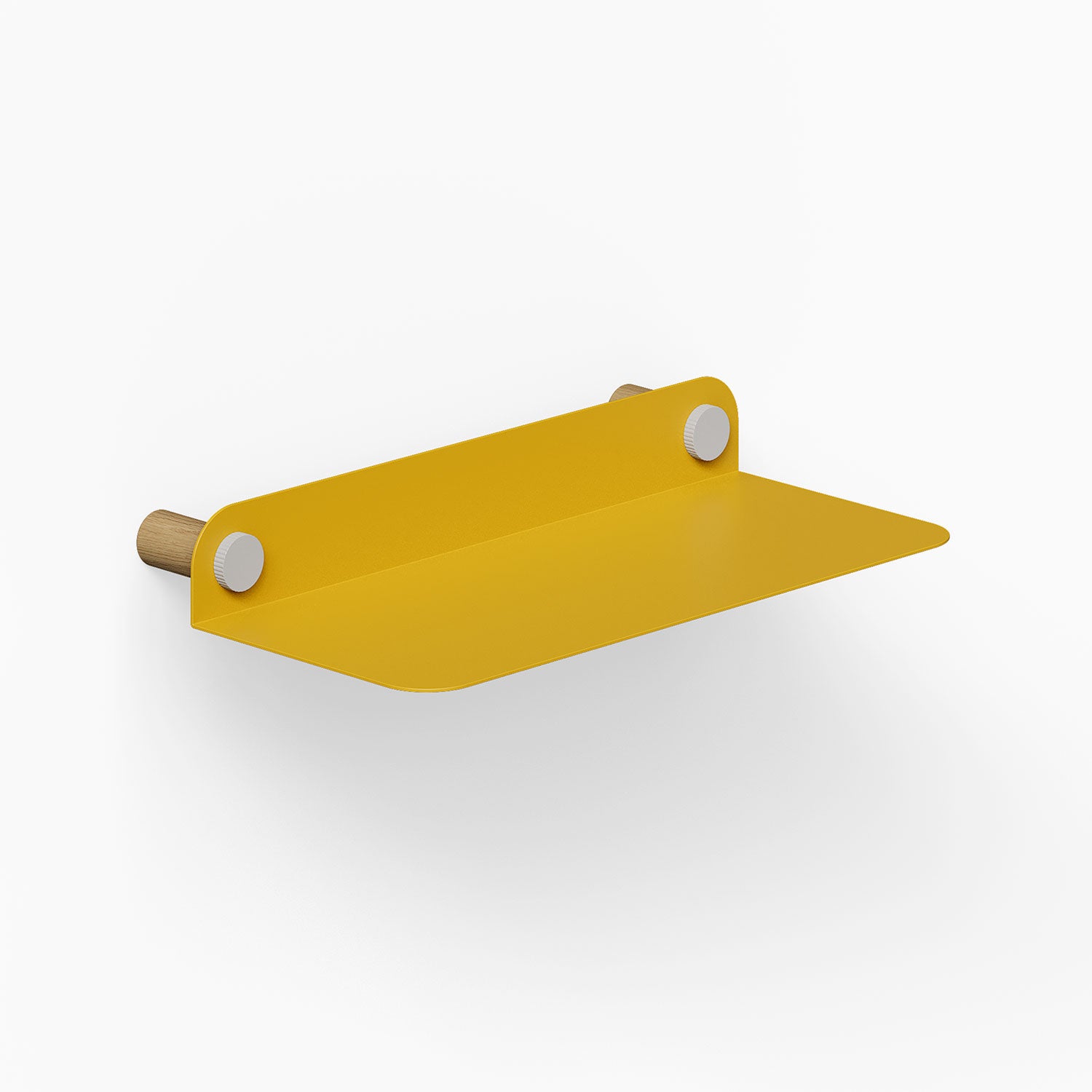 Morgan Basic Shelf with a smooth mustard yellow metal surface and natural wood rounded wall mounts, designed for functional, minimalist wall storage.