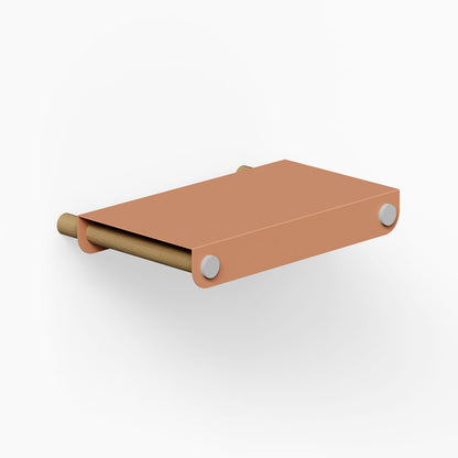 Morgan Tray Shelf with minimalist design featuring a rust-resistant metal frame in clay color and a solid hardwood rod for versatile wall organization.