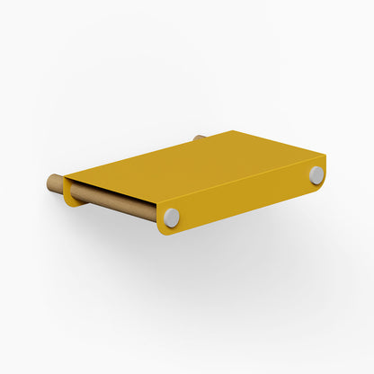 Morgan Tray Shelf in honey mustard with wood and steel materials, designed for durable, minimalist wall display and organization.