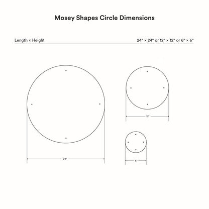 Mosey Shapes Circle Magnet Board dimension diagram showing three round sizes with mounting hole placement for wall display