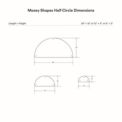 Mosey Shapes Half-Circle Magnet Board with clear dimension diagram showing three size options for wall display organization