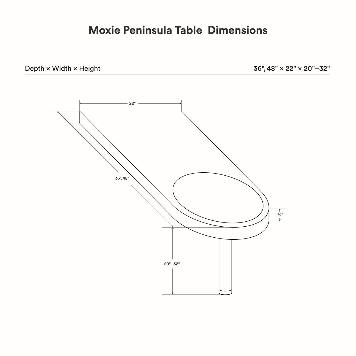 Moxie Peninsula Table (Baltic Birch - With Color Inlay) dimension diagram showing depth width and height measurements