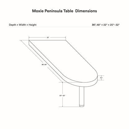 Moxie Peninsula Table (Walnut) technical line drawing showing a rounded tabletop and single support leg