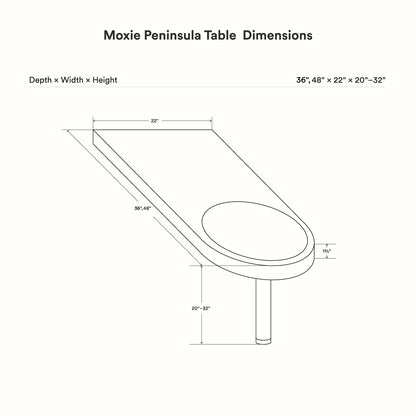 Moxie Peninsula Table (Walnut - With Color Inlay) dimension diagram showing depth width and height measurements