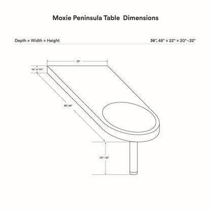 Technical line drawing showing dimensions of the Moxie Peninsula Table (Baltic Birch - With Color Inlay) with depth, width, and adjustable height details.