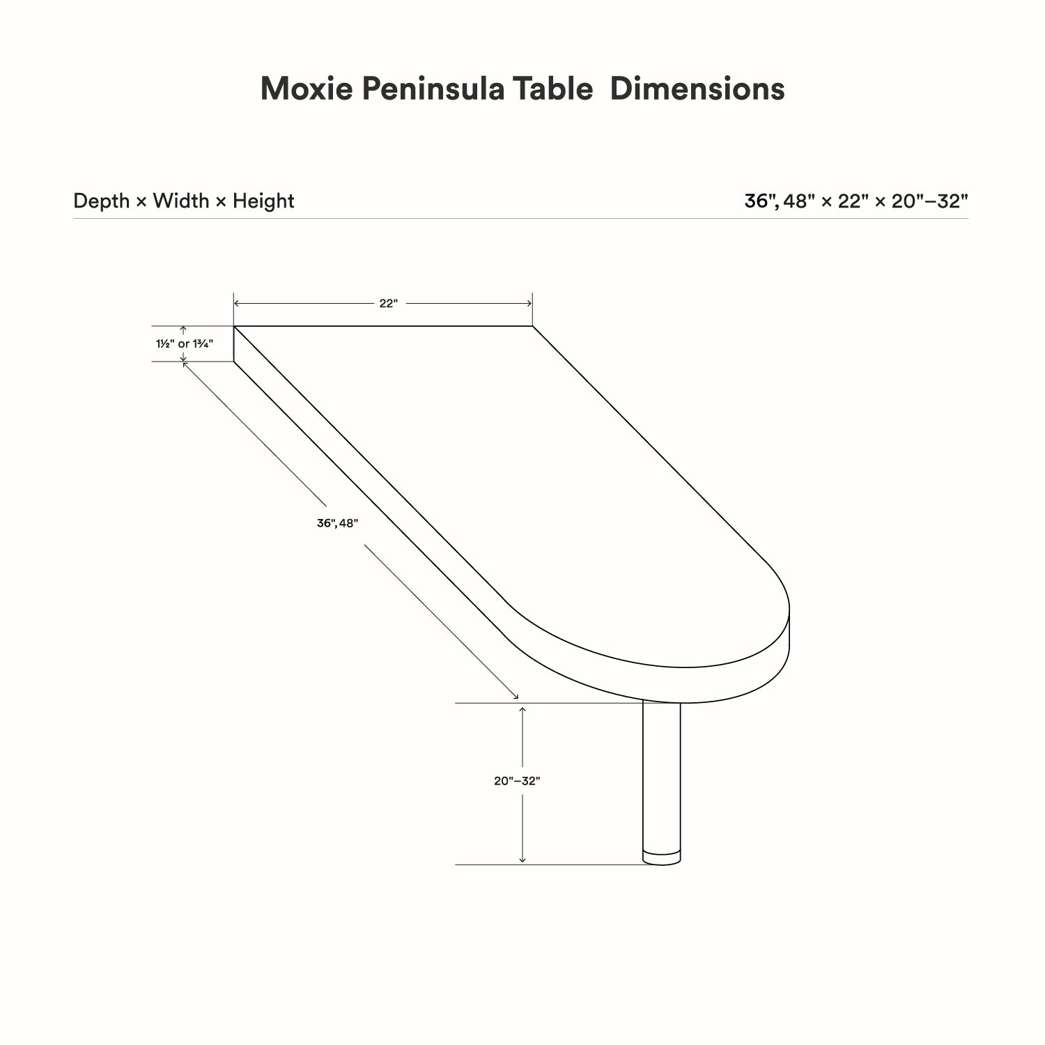 Line drawing showing dimensions of the Moxie Peninsula Table (Baltic Birch) with variable height from 20 to 32 inches, depth options of 36 or 48 inches, and a fixed width of 22 inches.