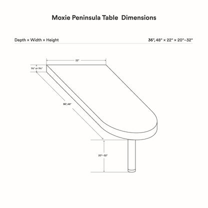 Line drawing showing dimensions of the Moxie Peninsula Table (Baltic Birch) with variable height from 20 to 32 inches, depth options of 36 or 48 inches, and a fixed width of 22 inches.