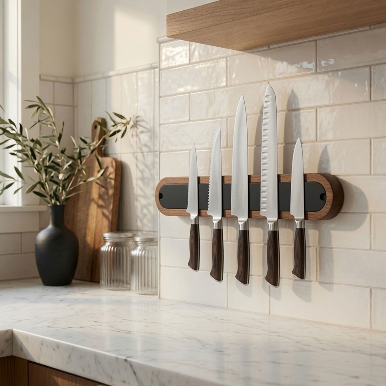 Nico Knife Rail mounted on tiled kitchen wall holding five knives with wooden handles, showcasing mixed-material functional wall organization.