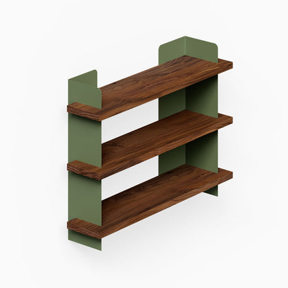 Nigel Bookshelf with three dark wood shelves and green steel side panels for organized wall display and storage