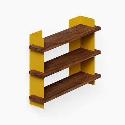 Nigel Bookshelf with three dark wood shelves and gold metal side panels for organized wall display