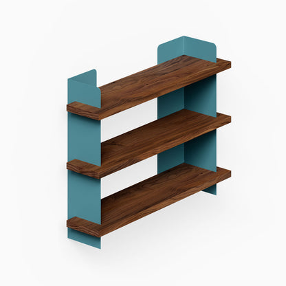 Nigel Bookshelf with three dark wood shelves and teal side supports for organized wall display