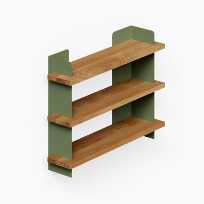 Nigel Bookshelf with three wood shelves and green metal supports for minimalist wall organization and display