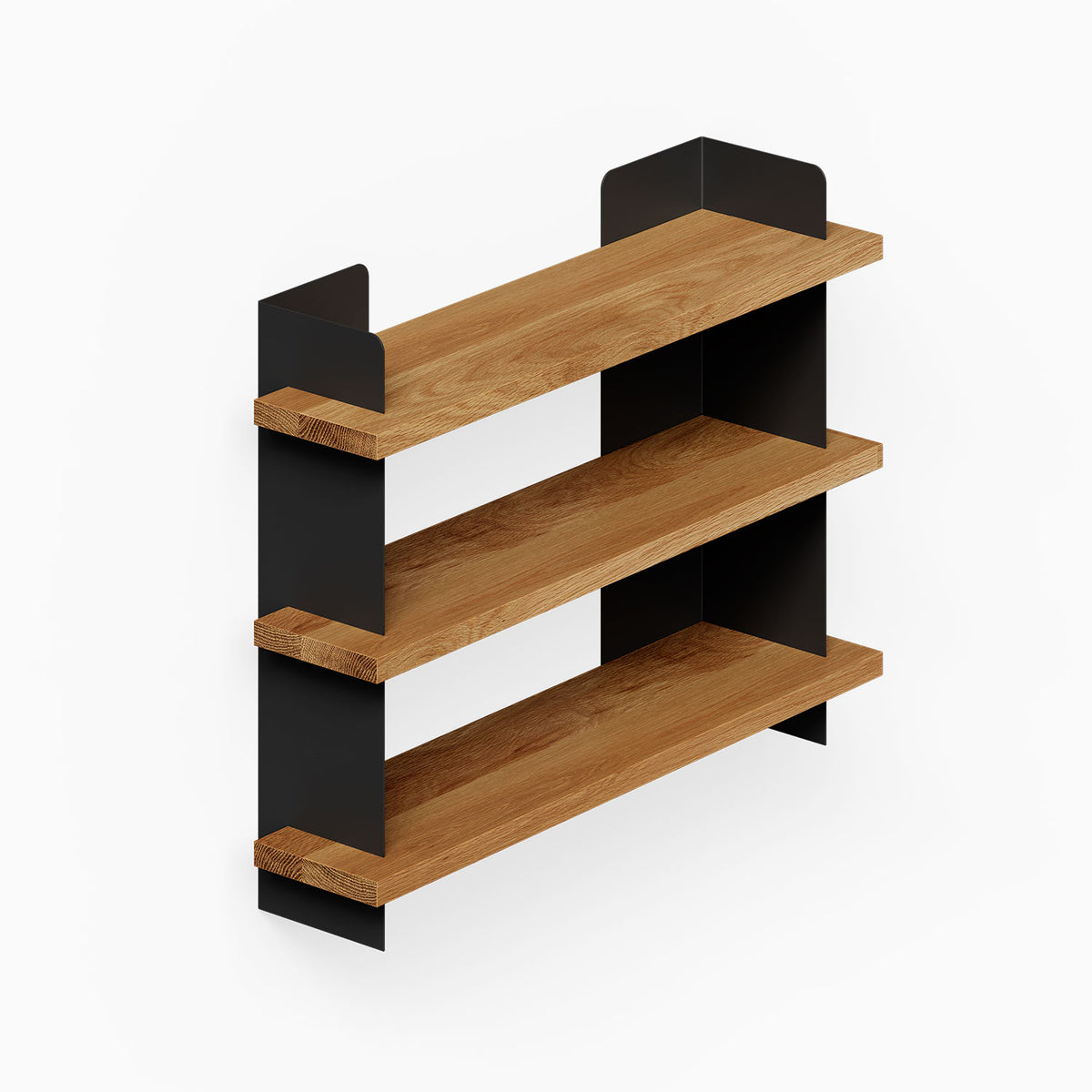 Nigel Bookshelf with three wood shelves and black metal side panels for minimalist wall mounted storage and display