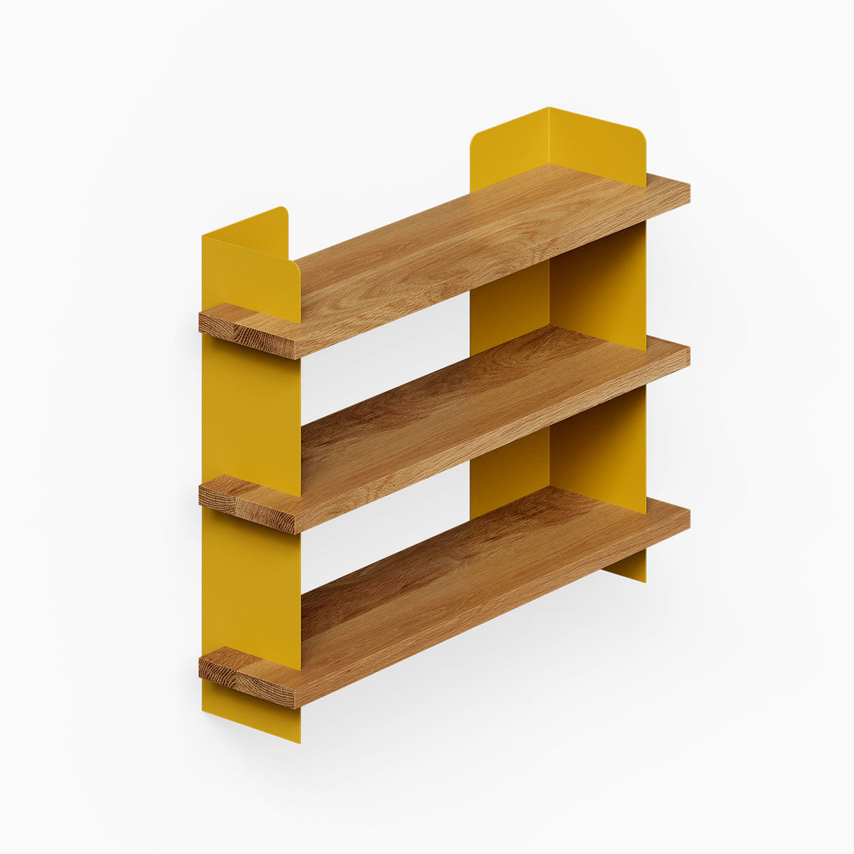 Nigel Bookshelf with three wood shelves and mustard yellow metal side panels for organized wall display