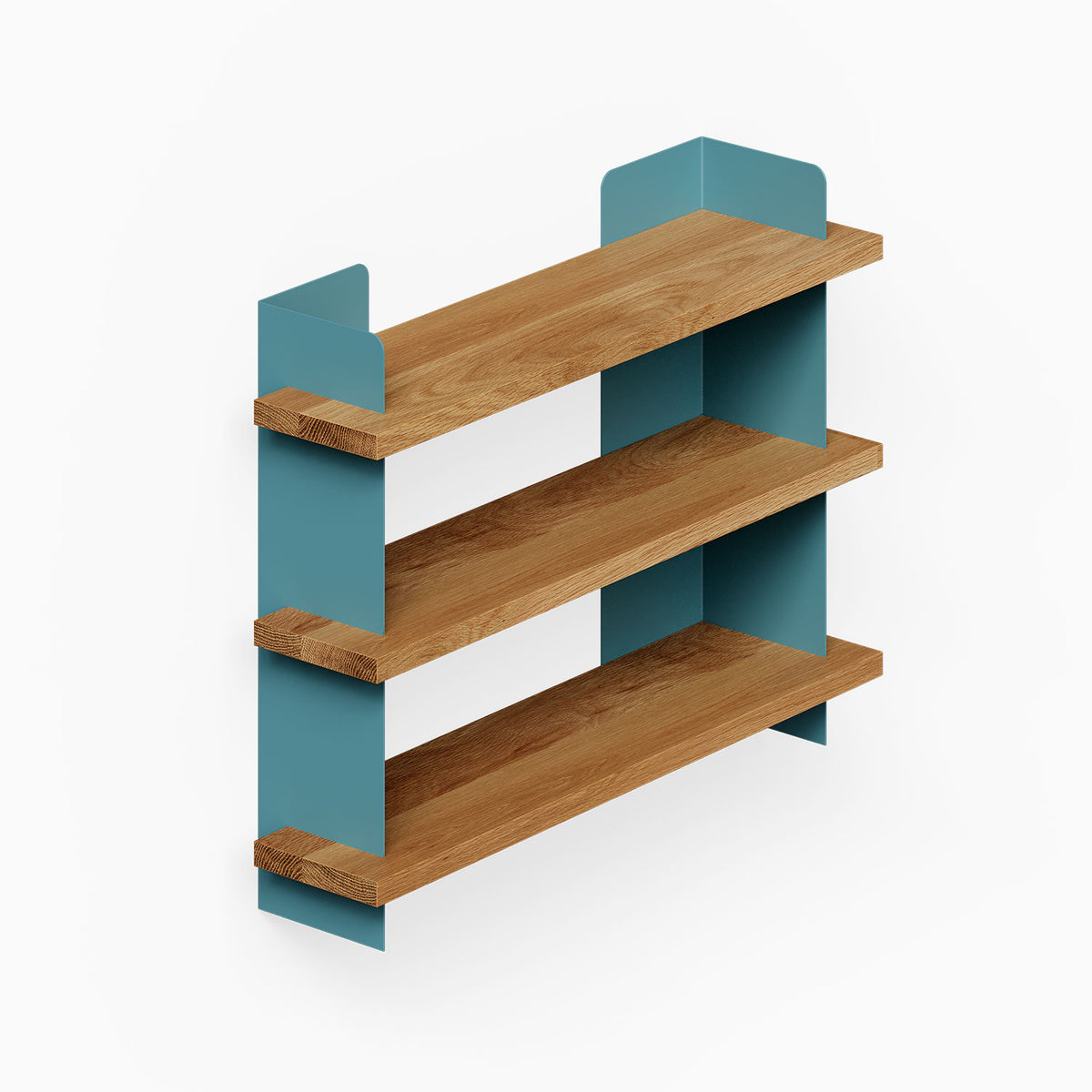 Nigel Bookshelf with three wood shelves and teal steel panels for minimalist wall display and organization
