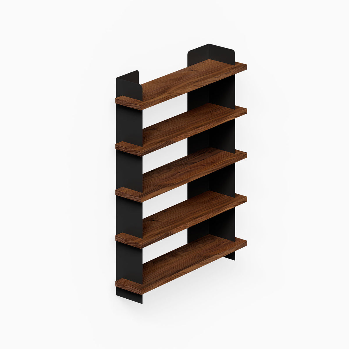 Nigel Bookshelf with five dark wood shelves and black steel side panels for organized wall display