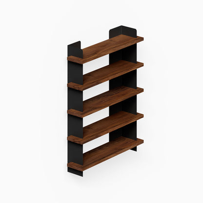 Nigel Bookshelf with five dark wood shelves and black steel side panels for organized wall display