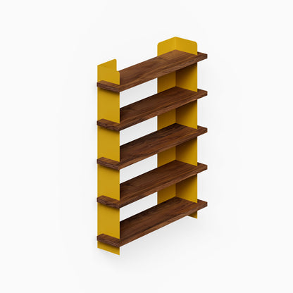 Nigel Bookshelf with five dark wood shelves and yellow steel side supports for organized wall display