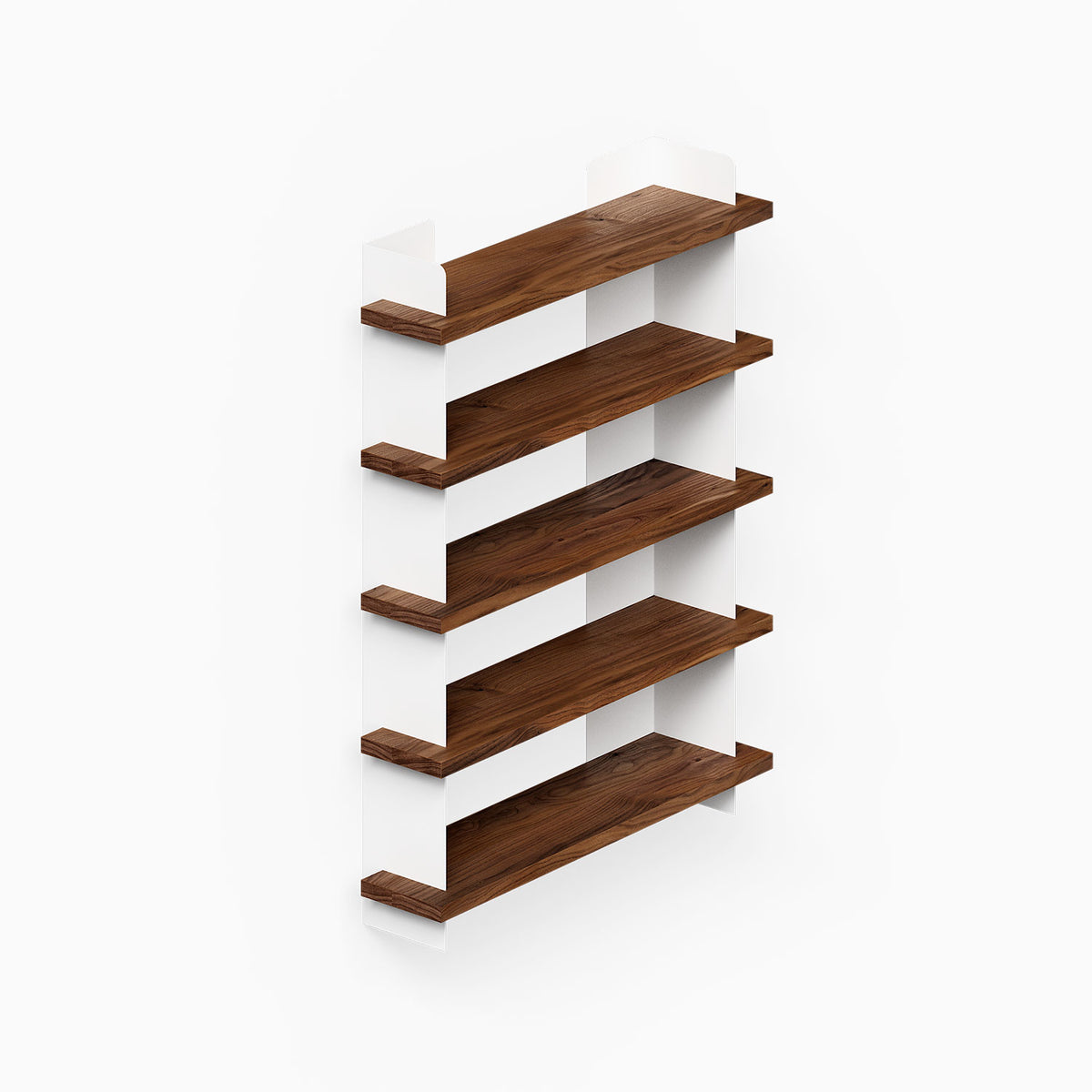 Nigel Bookshelf with five dark wood shelves and white side supports for organized wall display