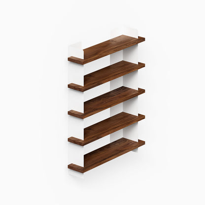 Nigel Bookshelf with five dark wood shelves and white side supports for organized wall display