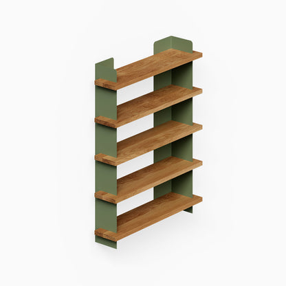 Nigel Bookshelf with five wood shelves and green metal side supports for organized wall display and decor