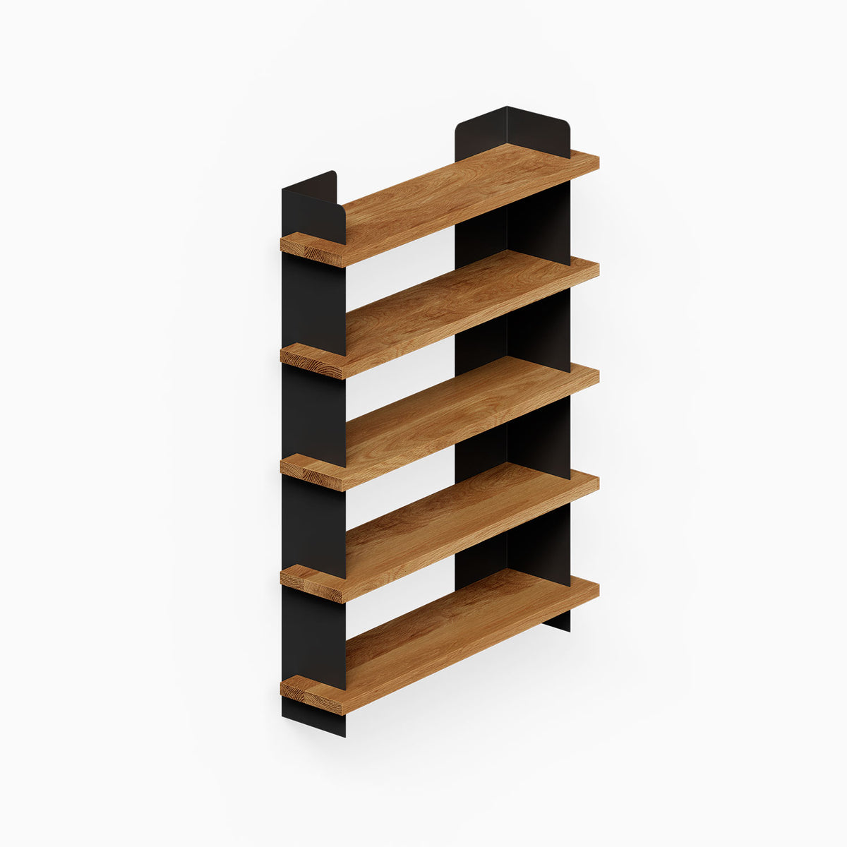 Nigel Bookshelf with five wood shelves and black metal supports for organized wall display