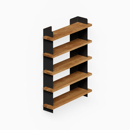 Nigel Bookshelf with five wood shelves and black metal supports for organized wall display