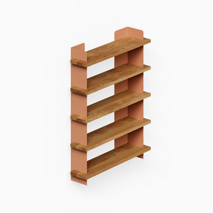 Nigel Bookshelf with five wood shelves and warm terracotta metal supports for stylish wall display and organized storage